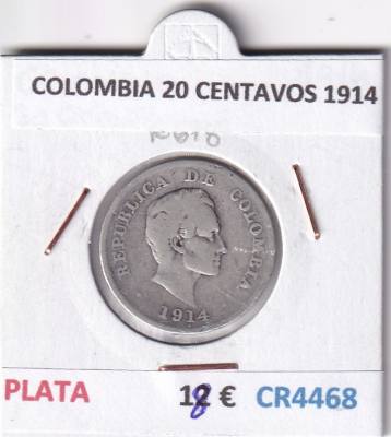 CR4468 MONEDA COLOMBIA 20 CENTAVOS 1914 PLATA