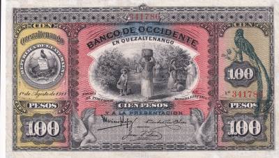 CRBX2700 BILLETE GUATEMALA QUEZALTENANGO 100 PESOS 1918 RESTAURADO
