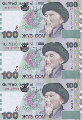 CRBX2701 LOTE 3 BILLETES SIN CORTAR KIRGUISTAN 100 COM 