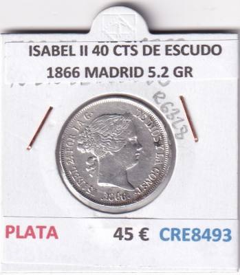 CRE8493 MONEDA ESPAÑA ISABEL II 40 CTS DE ESCUDO 1866 MADRID 5,2 GR PLATA