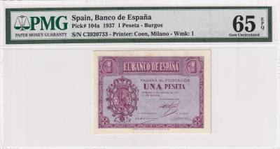 CRMPG055 BILLETE ESPAÑA 1 PESETA 1937 SERIE C ENCAPSULADO PMG 65