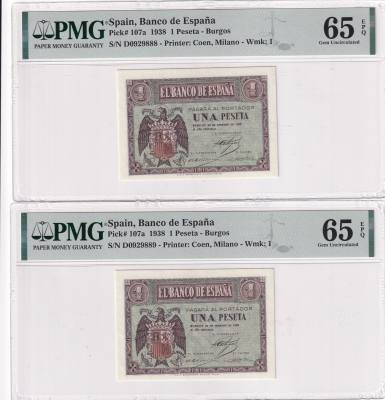CRMPG056 PAREJA CORRELATIVA BILLETES ESPAÑA 1 PESETA 1938 SERIE D ENCAPSULADO PMG 65