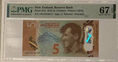 CRPMG054 BILLETE NUEVA ZELANDA 5 DOLARES 2015-16 P-191A PMG 67