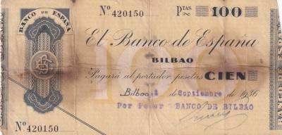 CRBL0590 BILLETE LOCAL ESPAÑA BILBAO 100 PESETAS 1936 BC
