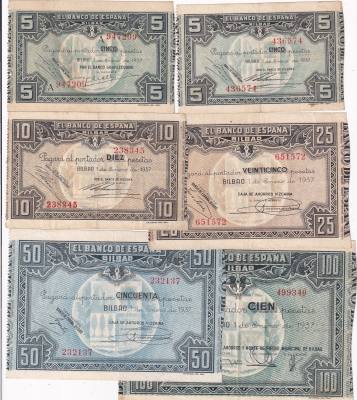 CRBL0592 LOTE 6 BILLETES LOCAL ESPAÑA BILBAO 1937 DIFERENTES VALORES EBC
