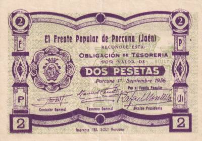 CRBL0611 BILLETE LOCAL ESPAÑA PORCUNA (JAEN) 2 PESETAS 1936 MBC