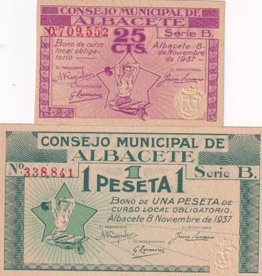 CRBL0612 LOTE 2 BILLETES LOCAL ESPAÑA ALBACETE 1937  1 PESETAS Y 25 CTS MBC