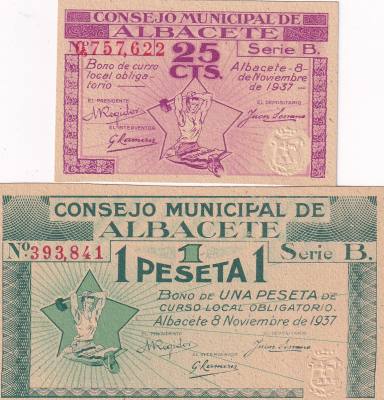 CRBL0613 LOTE 2 BILLETES LOCAL ESPAÑA ALBACETE 1937  1 PESETAS Y 25 CTS MBC