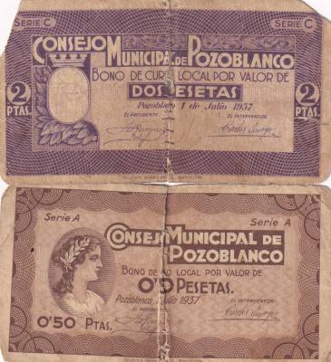 CRBL0614 LOTE 2 BILLETES LOCAL ESPAÑA POZOBLANCO 1937 2 PESETAS Y 50 CTS BC