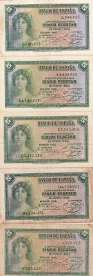 CRBS3253 LOTE 5 BILLETES ESPAÑA 5 PESETAS SERIES DIFERENTES MBC
