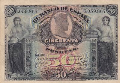CRBS3265 BILLETE ESPAÑA 50 PESETAS 1907 SIN SERIE MBC