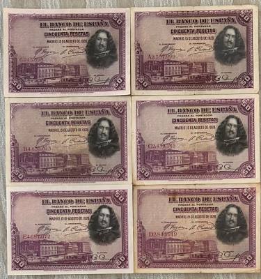 CRBS3266 LOTE 6 BILLETES ESPAÑA 50 PESETAS 1928 TODAS LA SERIES MBC