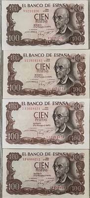 CRBS3280 LOTE 4 BILLETES ESPAÑA 100 PESETAS 1970 DIFERENTES SERIES S/C