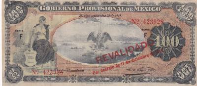 CRBX2091 BILLETE MEXICO 100 PESOS 1914 SELLO REVALIDADO BC