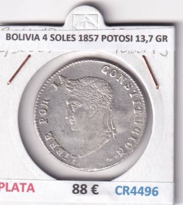 CR4496 MONEDA BOLIVIA 4 SOLES 1857 POTOSI 13,7 GR PLATA