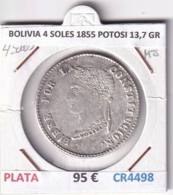 CR4498 MONEDA BOLIVIA 4 SOLES 1855 POTOSI 13,7 GR PLATA