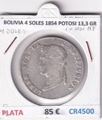 CR4500 MONEDA BOLIVIA 4 SOLES 1854 POTOSI 13,3 GR PLATA