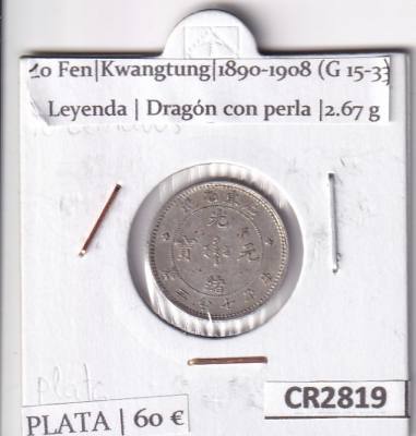 CR2819 MONEDA CHINA 10 FEN KWANGTUNG LEYENDA DRAGON CON PERLA GUANGXU 15-33 (1890-1908)