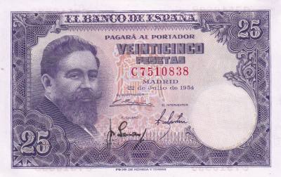 CRBS3016 BILLETE ESPAÑA 25 PESETAS 1954 SERIE C SIN CIRCULAR