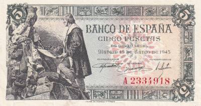 CRBS3319 BILLETE ESPAÑA 5 PESETAS 1945 SERIE A EBC