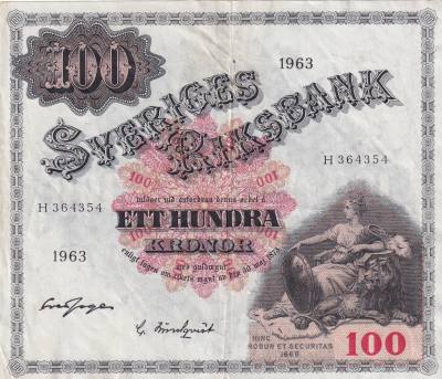 CRBX2818 BILLETE SUECIA 100 KRONOR 1963 SERIE H MBC+