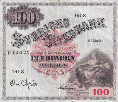 CRBX2821 BILLETE SUECIA 100 KRONOR 1958 SERIE H BC
