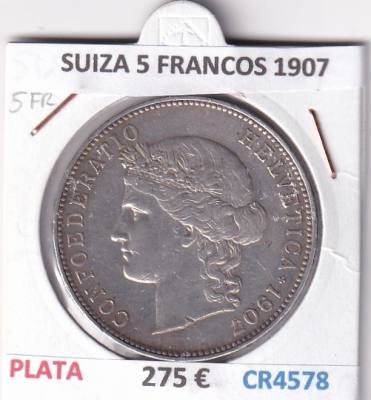 CR4578 MONEDA SUIZA 5 FRANCOS 1907 PLATA