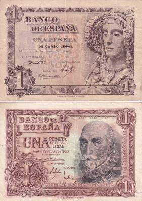 CRBL0619 LOTE 2 BILLETES ESPAÑA 1 PESETA CON SOBRECARGA DE COLOR VER FOTO