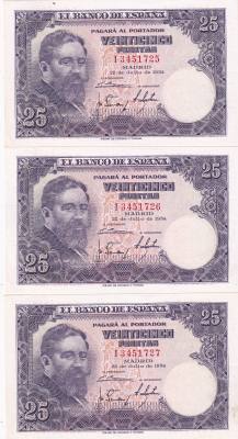 CRBS2010 TRIO CORRELATIVO BILLETES ESPAÑA 25 PESETAS 1954 SERIE I S/C-