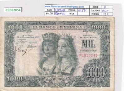 CRBS2054 BILLETE ESPAÑA 1000 PESETAS 1957 SERIE F BC+