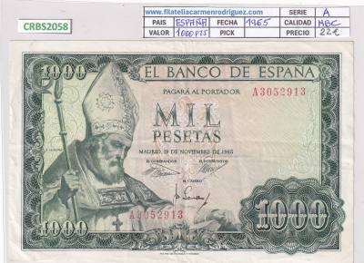 CRBS2058 BILLETE ESPAÑA 1000 PESETAS 1965 SERIE A MBC