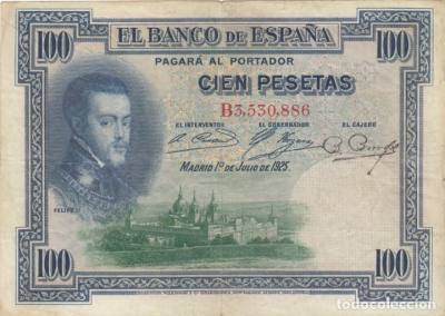 BILLETE ESPAÑA 100 PESETAS 1925 SERIE B DOBLE RESELLO MBC+