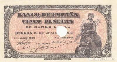 BILLETE ESPAÑA 5 PESETAS JULIO 1937 CON TALADRO