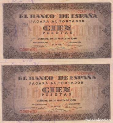 PAREJA CORRELATIVA BILLETES ESPAÑA 100 PESETAS 1938 (VER DETALLE)
