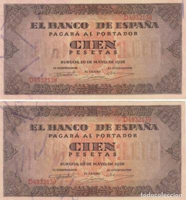 PAREJA CORRELATIVA BILLETES ESPAÑA 100 PESETAS 1938  (VER DETALLE)