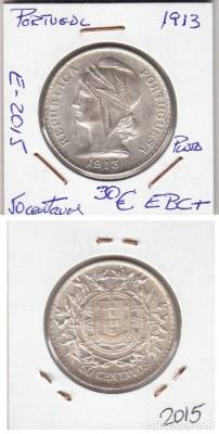 MONEDA PORTUGAL PLATA 50 CENTAVOS 1913