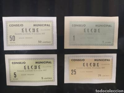 BILLETES LOCALES, 1PTA Y 5, 25 y 50CTS, CONSEJO MUNICIPAL ELCHE