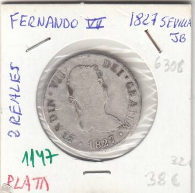 CRE1147 MONEDA ESPAÑA FERNANDO VII 2 REALES 1827 SEVILLA JB PLATA MC 