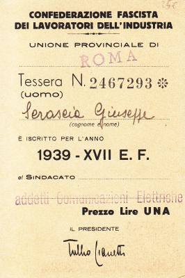 CRCAR281 TARJETA ITALIANA DE LA CONFEDERACION FASCISTA DEL TRABAJO DEL AÑO 1939