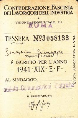 CRCAR283 TARJETA ITALIANA DE LA CONFEDERACION FASCISTA DEL TRABAJO DEL AÑO 1941 
