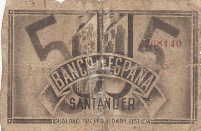 CRBL0063 BILLETE ESPAÑA SANTANDER 5 PESETAS 1936 BC 