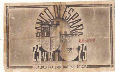 CRBL0099 BILLETE ESPAÑA LOCAL SANTANDER 25 PESETAS 1936 USADO