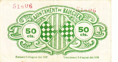 CRBL0102 BILLETE ESPAÑA LOCAL BALAGUER 50 CTS 1937 MBC