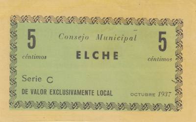 CRBL0201 BILLETE LOCAL ELCHE 5 CTS 1937 MBC