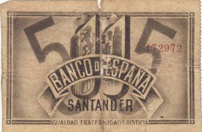 CRBL0147 BIILLETE LOCAL SANTANDER 5 PESETAS 1936 MC