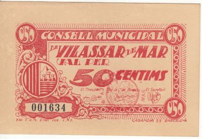 CRBL0182 BIILLETE LOCAL VILASSAR DE MAR 50 CTS 1937 MBC