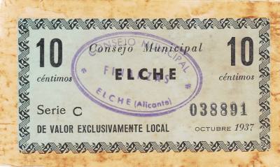 CRBL0200 BILLETE LOCAL ELCHE 10 CTS 1937