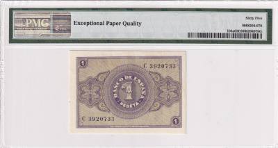 CRMPG055 BILLETE ESPAÑA 1 PESETA 1937 SERIE C ENCAPSULADO PMG 65