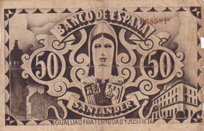 CRBL0598 BILLETE LOCAL ESPAÑA SANTANDER 50 PESETAS 1936 SIN SERIE BC