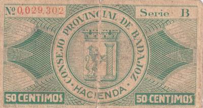 CRBL0608 BILLETE LOCAL ESPAÑA BADAJOZ 50 CENTIMOS 1937 BC